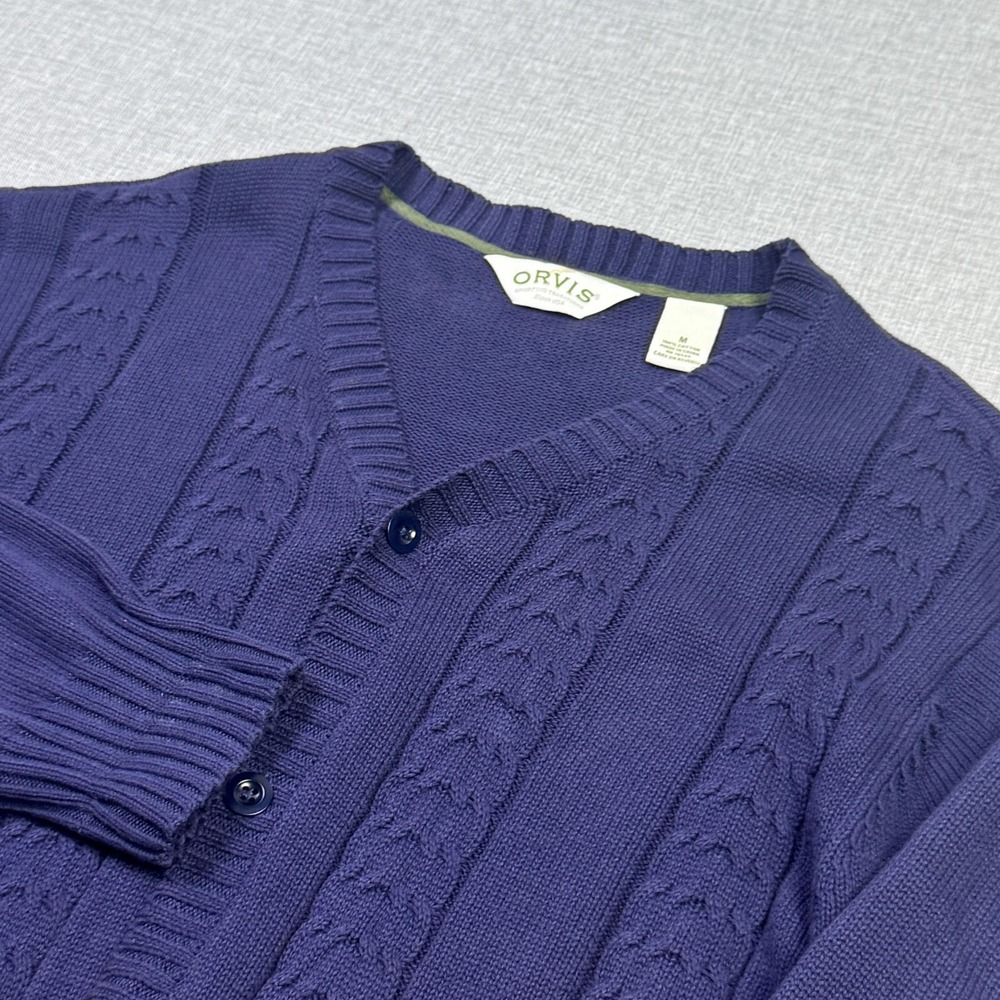 Orvis Cable-Knit Cardigan Sweater Mens Medium Blue V-Neck Collarless Button Open
